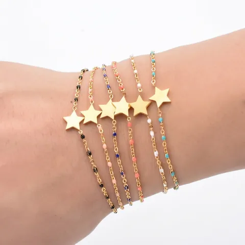 Star Pendant Bracelet Stainless Steel Gold Plated Enamel Bead Bohemian Vintage Adjustable Link Chain Women