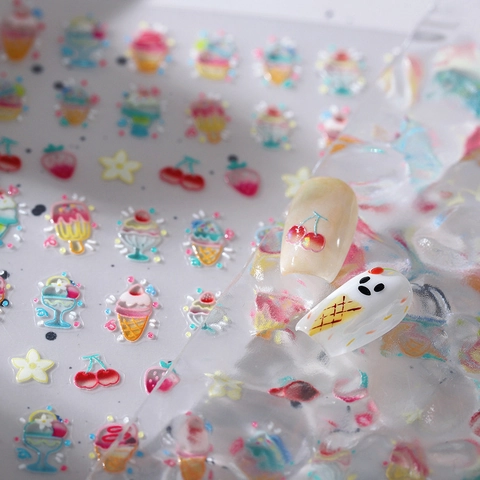 3D Stereoskopische Nagelsticker Süße Sommer Eiscreme Erdbeere Muster Relief Maniküre Abziehbilder Für Damen Mädchen Geschenk