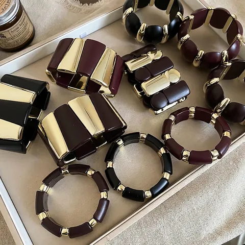 Bracciale Rigido Geometrico Vintage Da Donna Acrilico Resina Lega Tono Oro Elastico Gioielli Spessi Accessorio Moda