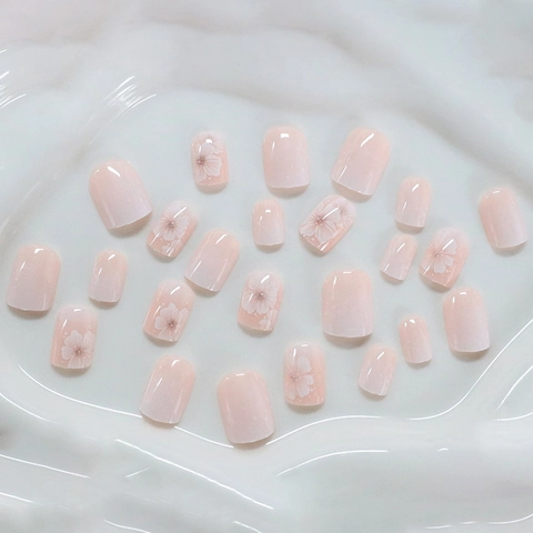 Press On Nails Pink Ombre White Floral Polka Dot Glossy Short Square Artificial Nail Tips For Women Daily Wear Elegant