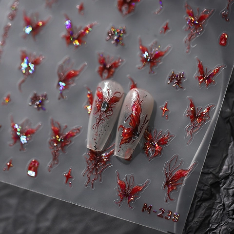 5D Embossed Nail Art Stickers Red Butterfly Laser Holographic Pattern Self Adhesive Ultra Thin For Manicure Decoration
