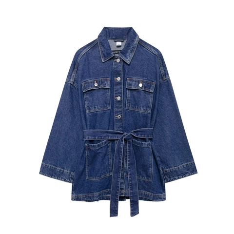 Chaqueta Vaquera Mujer Manga Larga Solapa Cinturón Media Longitud Casual Retro Color Sólido Abrigo Con Bolsillos