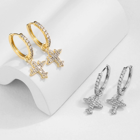 Orecchini a Cerchio Creativi a Forma di Pianeta e Aereo per Donna Rame Micro Intarsiato Zirconia Oro Argento Gioielli Astronomia