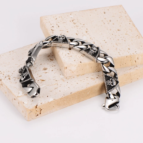 Pulsera De Calavera Triángulo Acero Inoxidable 304 Cadena Cubana Punk Gótico Hip Hop Joyería Para Hombres