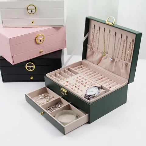 Multilayer Jewelry Box Organizer PU Leather Storage Case With Lock For Earrings Rings Necklaces Watches Portable
