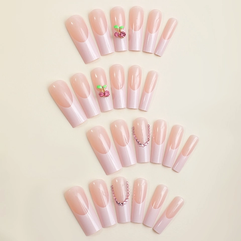 Long Coffin Press On Nails French Pink Gradient With 3D Cherry Charms And Rhinestones Artificial False Nails DIY Manicure