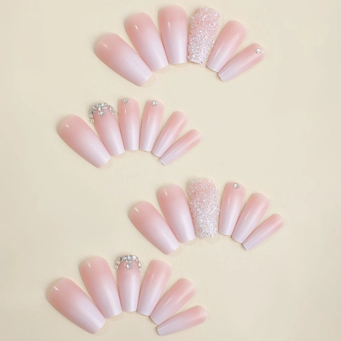 Unghie Finte Long Coffin Ombré Rosa Stile Francese Con Strass Glamour Lusso Per Donne