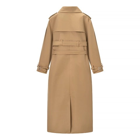 Trench-Coat Long Pour Femmes Croisé Khaki Polyester Élégant Revers Coupe-Vent Avec Deux Ceintures
