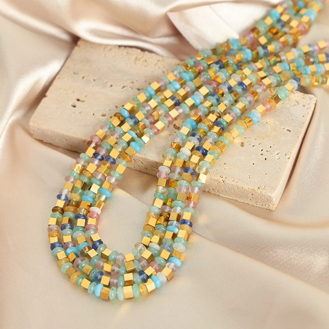 Vintage Handmade Colorful Agate Beads Necklace With Gold Cube Stainless Steel Spacers Abacus Bead Fashion For Women