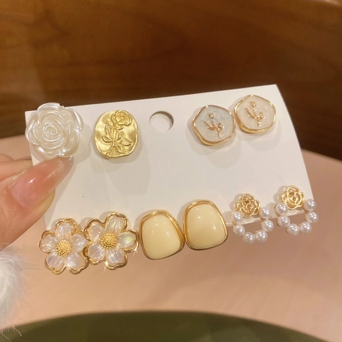 Flower Rose Artificial Pearl Geometric Stud Earrings Alloy Enamel With Silver Earring Post Elegant Fashion Jewelry Women