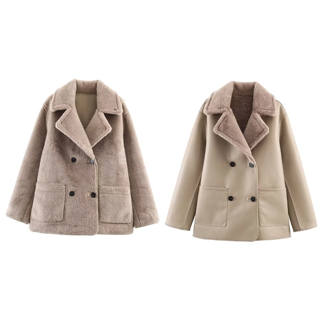 Women Reversible Faux Shearling Coat Double Breasted PU Leather Jacket Faux Lamb Wool Warm Winter Trench Mid-Length Outerwear