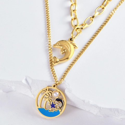Ensemble Collier et Boucles d'Oreilles en Acier Titane à Double Couche Style Océan Avec Pendentif Dauphin Bijoux Femmes