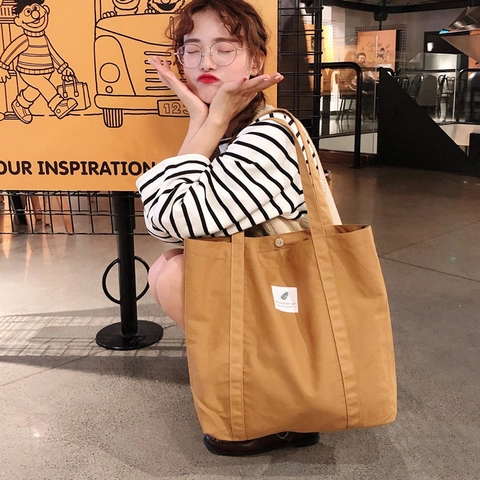 Women Large Capacity Canvas Tote Bag Minimalist Solid Color Shoulder Handbag Daily Commute Retro Japanese Style