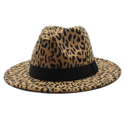 Leopard Muster Fedora Hut Wollfilz Breite Krempe Jazz Kappe Mit Schwarzem Band Britischer Retro Stil Für Damen Herren