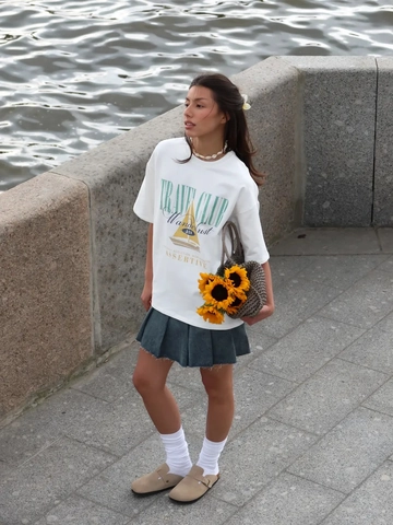 Camiseta Mujer Algodón Cuello Redondo Manga Corta Estampado Velero Travel Club Suelta Oversized Top Informal Verano Blanco