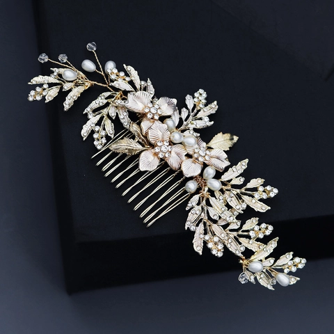 Pettine Per Capelli Da Sposa Fatto A Mano Design Fiore Foglia Lega Strass Perla Artificial Imitazione Accessorio Matrimonio Donna