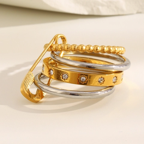 Stapelbare Ringen 18K Verguld Roestvrij Staal Met Zirkonia En Veiligheidsspeld Decoratief Element Voor Dames Sieraden