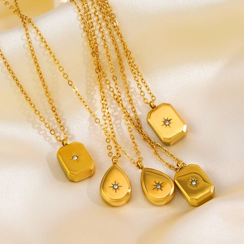 Collana Con Ciondolo A Stella Acciaio Inossidabile Placcato Oro 18K Geometrico Rettangolo Gioielli Zircone Per Donna