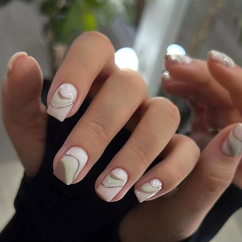 Press On Nails Short Square Round Fake Nail Tips Wavy Pattern Sage Green Coffee Brown Glossy Artificial Manicure