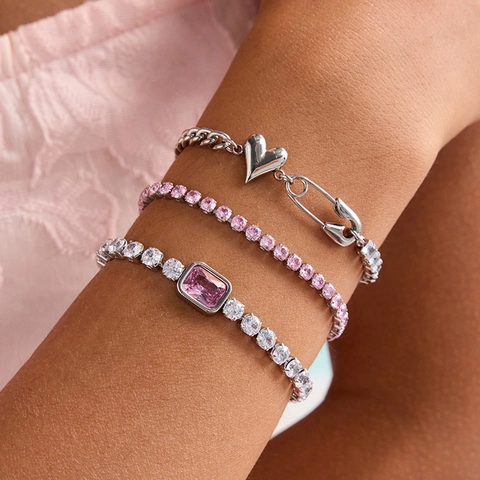 Stainless Steel Heart Safety Pin Bracelet Zircon Inlaid Cuban Paperclip Chain Waterproof Jewelry For Women