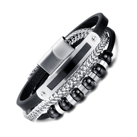 Bracciale da Uomo Multistrato in Pelle Artificiale Intrecciata Con Perline in Acciaio Inossidabile E Chiusura Magnetica