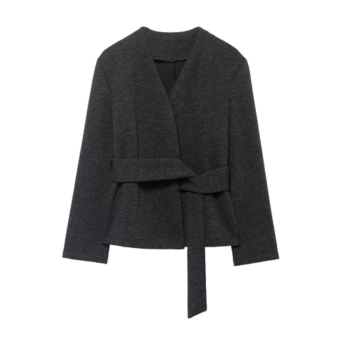 Women Elegant V-Neck Knit Jacket Solid Color Long Sleeve Belted Wrap Cardigan Casual Short Outerwear For Lady
