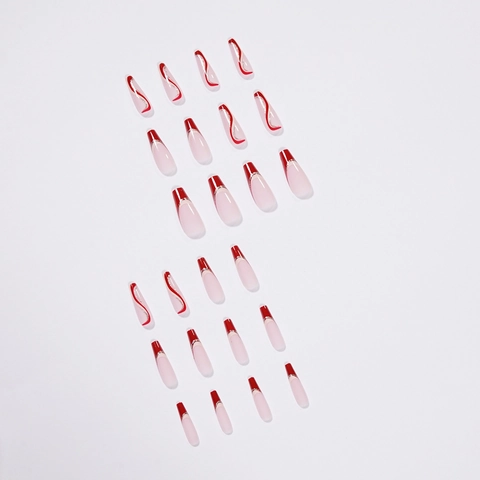 Unghie Finte Coffin French Rosso Ciliegia Motivo Ondulato Unghie Artificiali Con Linee Scintillanti Stile Ballerina Lunga Per Donne