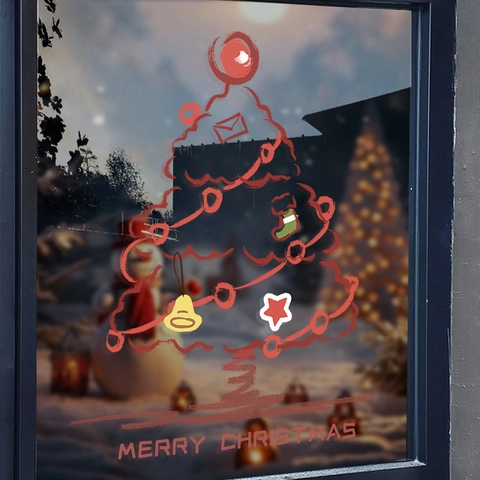 Christmas Window Sticker PVC Static Cling Red Christmas Tree Hand Drawn Design Glass Decal For Holiday Home Party Decor