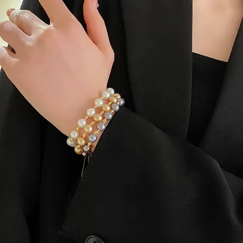 Elegant Adjustable Artificial Pearl Bracelet Alloy Beads Drawstring Chain Vintage French Style Luxury Jewelry For Women Girls