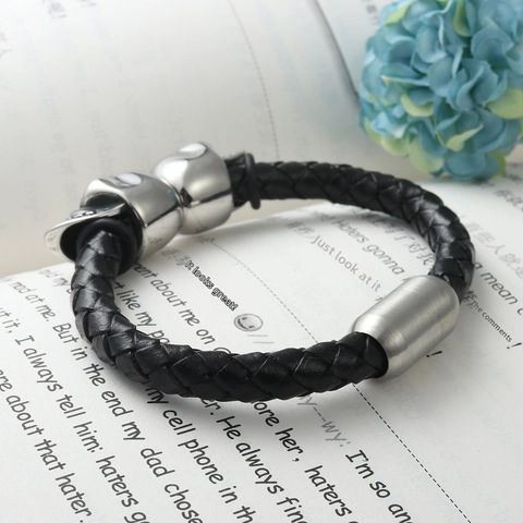 Skull Bracelet Stainless Steel Woven Leather Bangle For Men Retro Punk Rock Fashion Jewelry Black