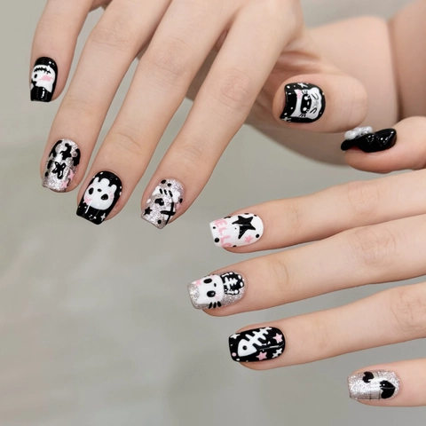 Uñas Postizas Hechas a Mano Gótico Oscuro Negro Plata Purpurina 3D Gato Esqueleto Corazón Diseño Uñas Halloween
