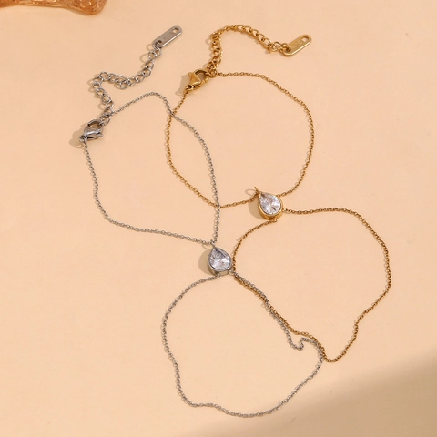 Minimalist Water Drop Zircon Finger Bracelet Stainless Steel 18K Gold Plated Double Layer Chain Hand Harness For Women