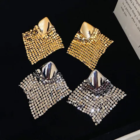 Pendientes De Gota Con Borla De Malla Metálica De Rombo Cobre Con Poste De Plata Joyería Geométrica De Moda