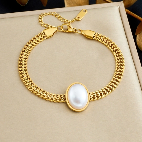 Bracciale In Acciaio Inossidabile Placcato Oro Con Imitazione Perla Artificial Ovale Catena Geometrica Vintage Per Donna Gioielli Eleganti Regolabili