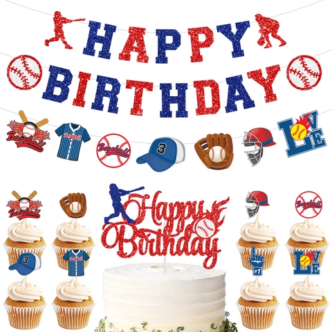 Baseball Theme Birthday Party Decoration Banner Cake Topper Glitter Paper Sports Style Supplies Event Celebration