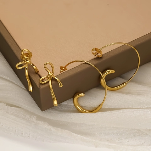 Pendientes De Botón Con Lazo Bañados En Oro De 18K Acero Inoxidable 304 Impermeables Hipoalergénicos Joyas Elegantes Para Mujer