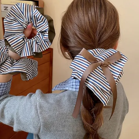 Elegant Cloth Hair Scrunchies And Bow Claw Clips Korean Heart Stripe Pattern Styling Accessories For Women Girls