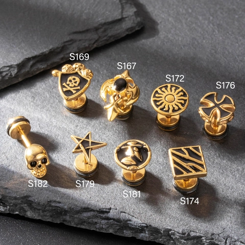 Stainless Steel Stud Earrings For Men Gothic Skull Cross Geometric Gold Black Enamel Punk Vintage Hip Hop Jewelry