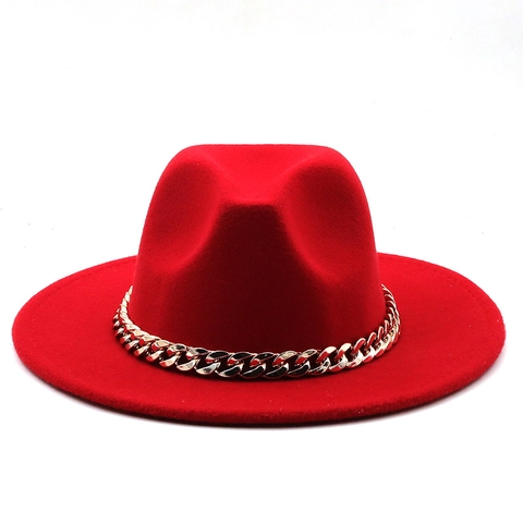 British Style Wide Brim Fedora Hat Gold Chain Woolen Felt Jazz Hat For Women Men Fashion Flat Top Winter Warm Panama Hat