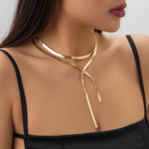 Collier Multi Rangs Maille Serpent Plate Forme Y Pendentif Triangle Métal Cuivre Bijoux Élégants Pour Femmes