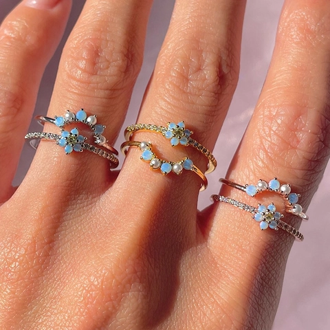 Floral Ring Blue Opal White Artificial Pearl Brass Gold Plated Curved Stackable Elegant Temperament Finger Jewelry For Women Girls