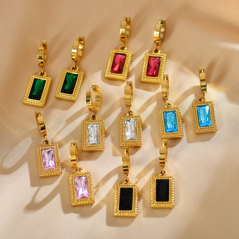 Vintage Rechteckige Zirkonia Edelstahl Ohrringe Vergoldet Geometrische Hängeohrringe Damen Elegante Mode Schmuck