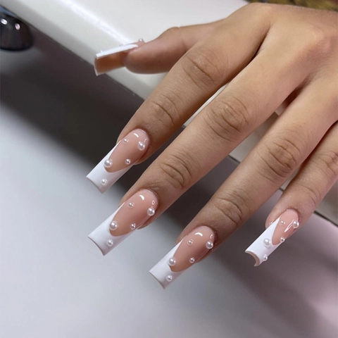 French Tip Press On Nails Long Square Nude Pink Artificial Pearl Artificial Fake Fingernails Elegant Manicure Accessory