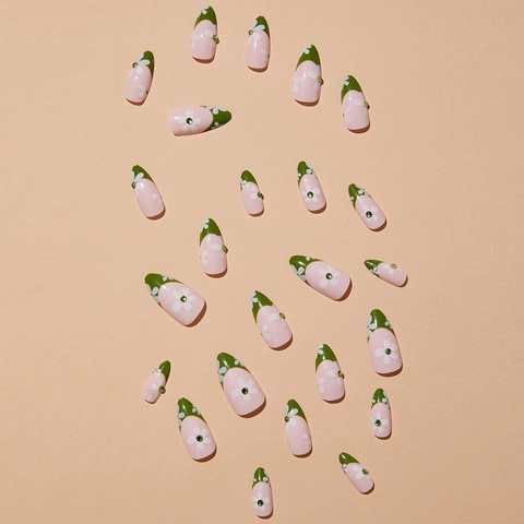 Almond Press On Nails Green French Tip White Daisy Floral Rhinestone Long Artificial Nails For Women Sweet Cute Style