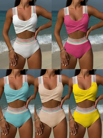 Top De Bikini Y Braguita De Talle Alto Tejido Texturizado Cruzado Tirantes Arcoíris Traje De Baño De Playa Para Mujer