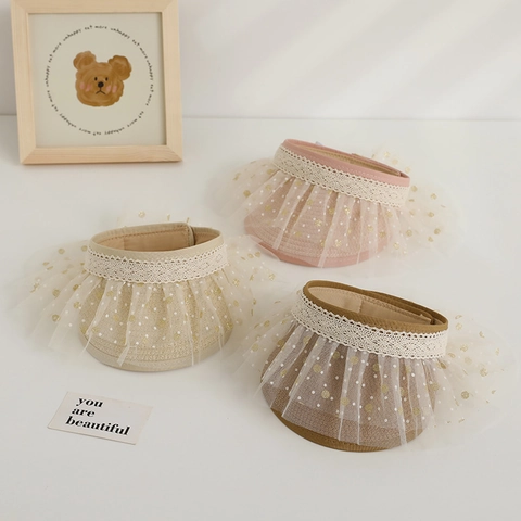 Kids Open Top Straw Sun Hat With Lace And Gold Polka Dot Tulle Cute Summer Adjustable Visor For Toddler Girls