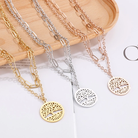 Collar De Dos Capas Árbol De La Vida Acero Inoxidable Cadena Eslabones Colgante Redondo Calado Para Mujer