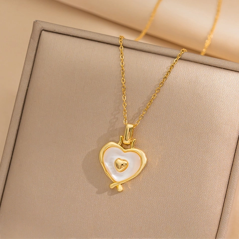 Heart Pendant Necklace Stainless Steel Mother Of Artificial Pearl Heart In Heart Clavicle Chain Minimalist Jewelry For Women