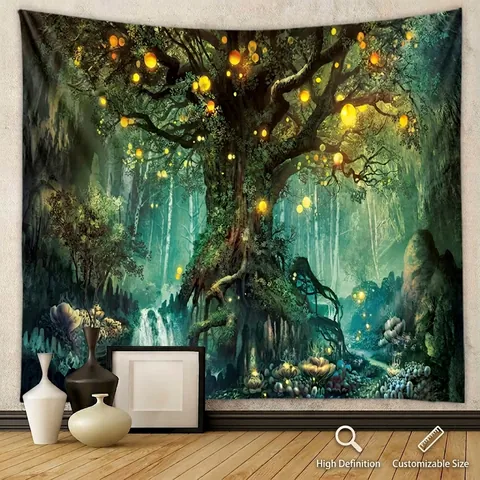 Fantasy Wald Wandteppich Magischer Baum Glühende Laterne Wasserfall Wandbehang Polyester Wohnkultur Schlafzimmer Kunst