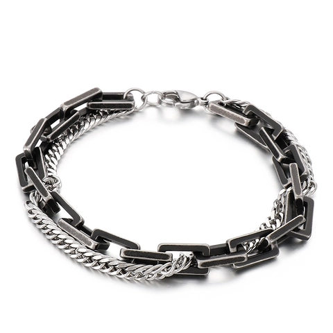 Double Layer Chain Bracelet Stainless Steel Cuban Link Rectangular Box Chain Hip Hop Punk Vintage Industrial Unisex Jewelry